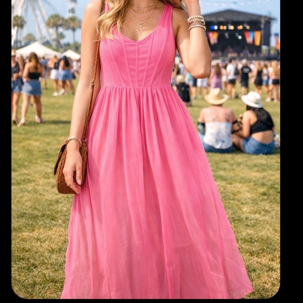 Promesa Pink Corset Maxi Dress Spring Ribbed Bodice Chiffon Slit Barbiecore